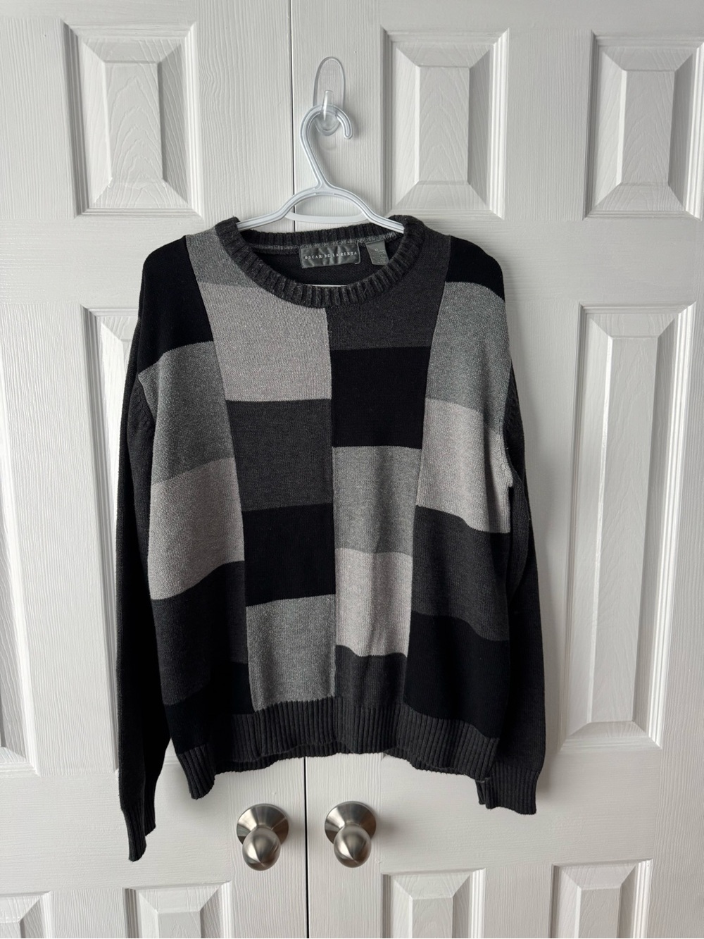Vtg Oscar De La Renta Sweater Black Gray Monochromatic Colorblock Knit Size XL